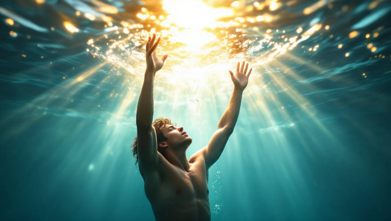 Ein Mann taucht unter Wasser und streckt seine Hände nach oben.