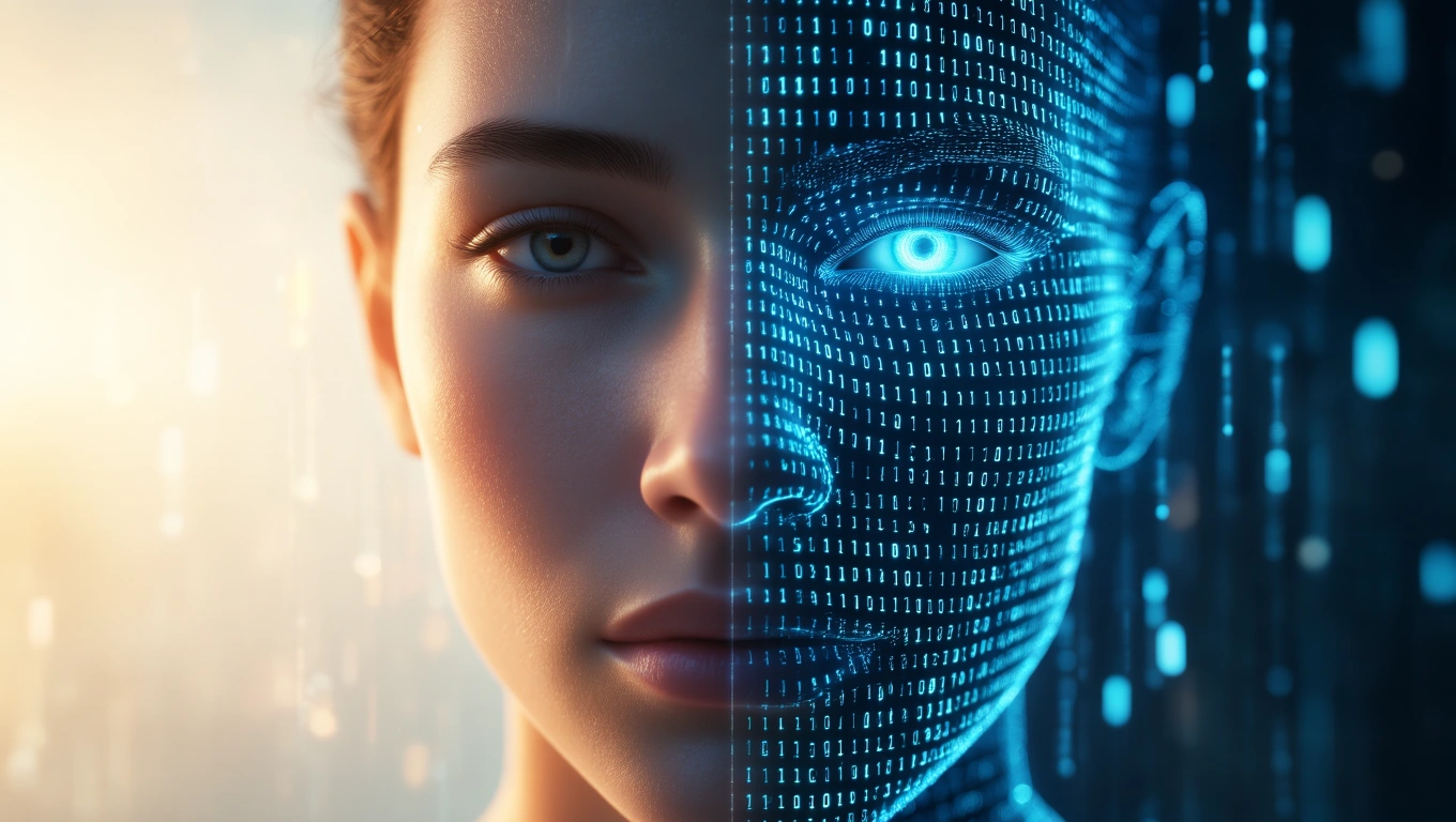 Ein Gesicht, das zur Hälfte menschlich und zur Hälfte digital ist, symbolisiert die Verbindung zwischen Mensch und KI.