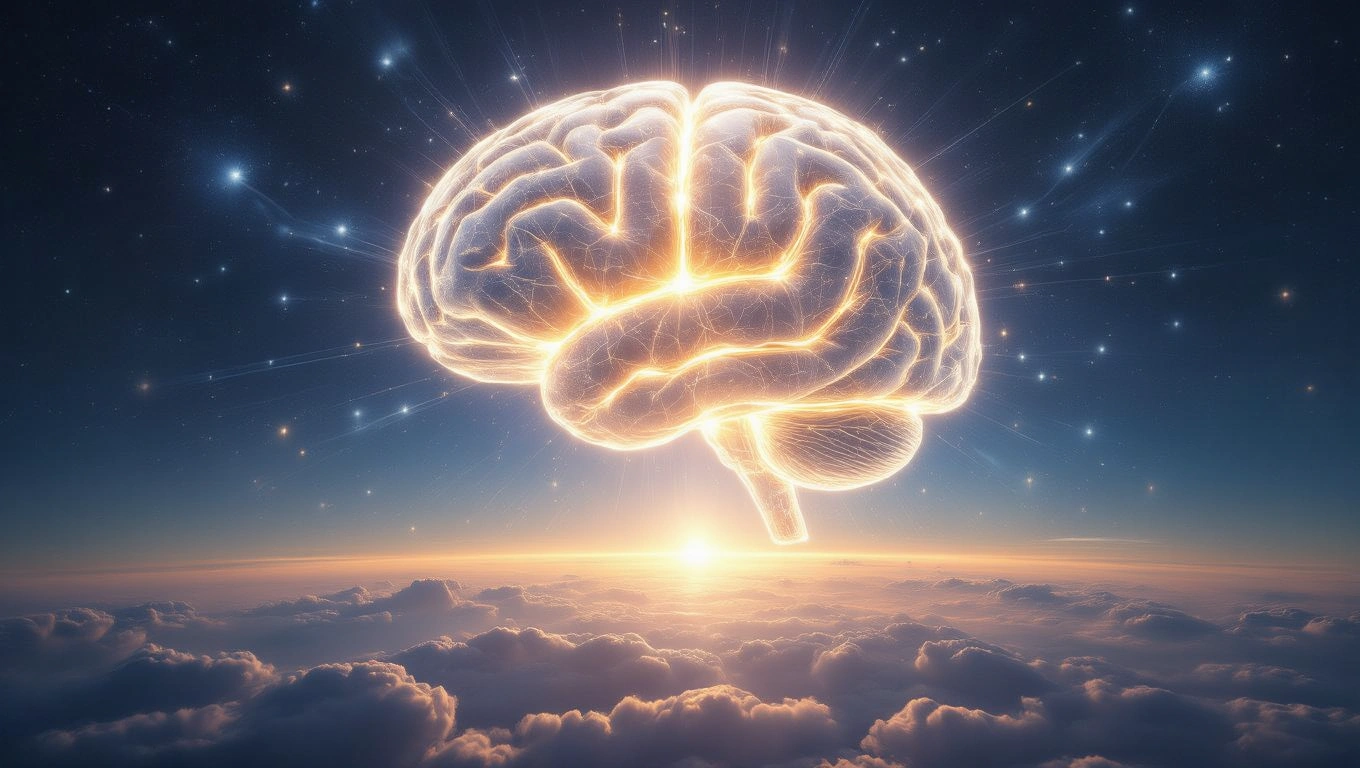 Ein leuchtendes Gehirn schwebt über einer Wolkendecke im Weltraum.