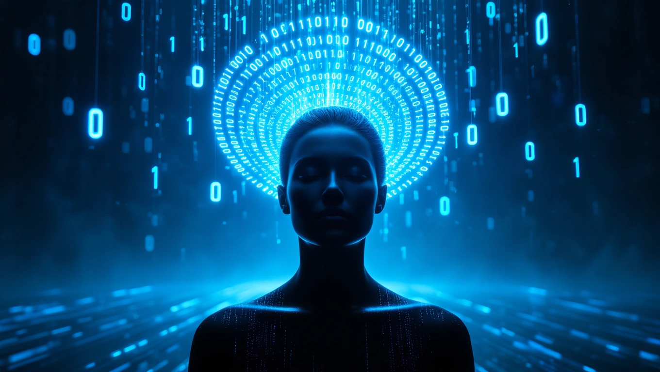 Eine stilisierte menschliche Silhouette mit digitalem Hintergrund aus Einsen und Nullen.