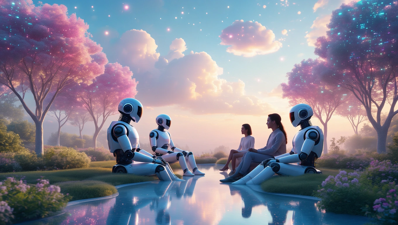 Zwei Menschen und zwei Roboter sitzen am Ufer eines ruhigen Gewässers unter blühenden Bäumen.