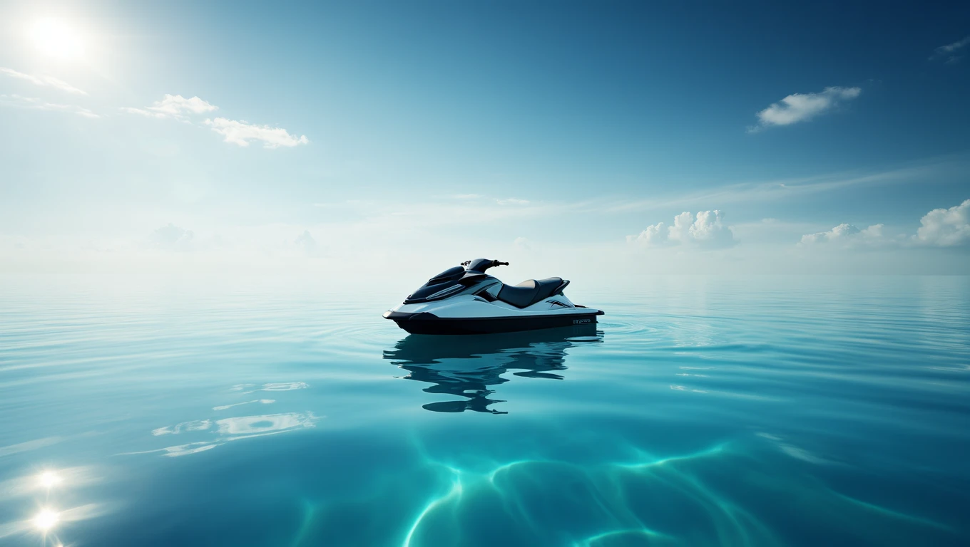 Ein Jetski schwimmt ruhig auf dem glatten, blauen Wasser unter einem klaren Himmel.