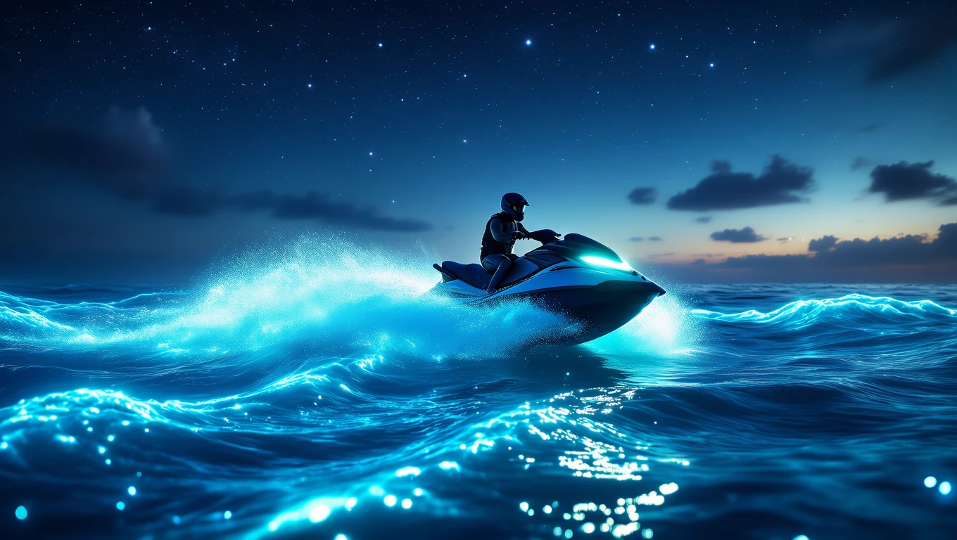 Ein Jetski fährt über das glitzernde Wasser unter einem sternenklaren Himmel.