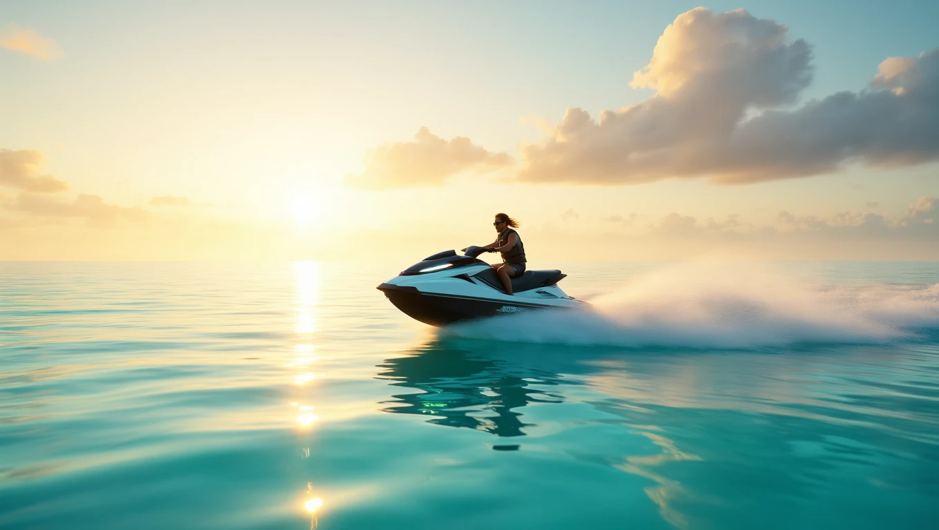 Eine Person fährt auf einem Jetski über ruhiges Wasser bei Sonnenuntergang.