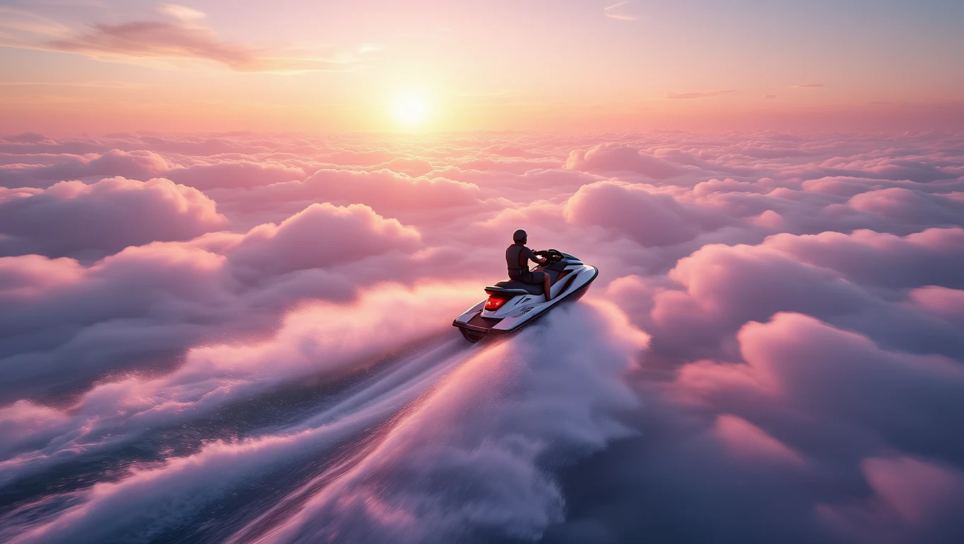 Ein Jetski fährt über eine Wolkendecke bei Sonnenuntergang.