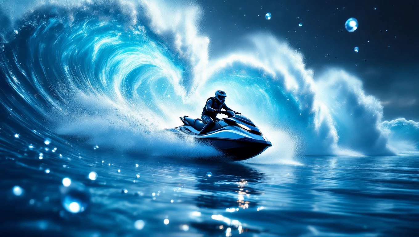 Ein Jetski fährt durch hohe Wellen, symbolisiert Freiheit und Abenteuer.