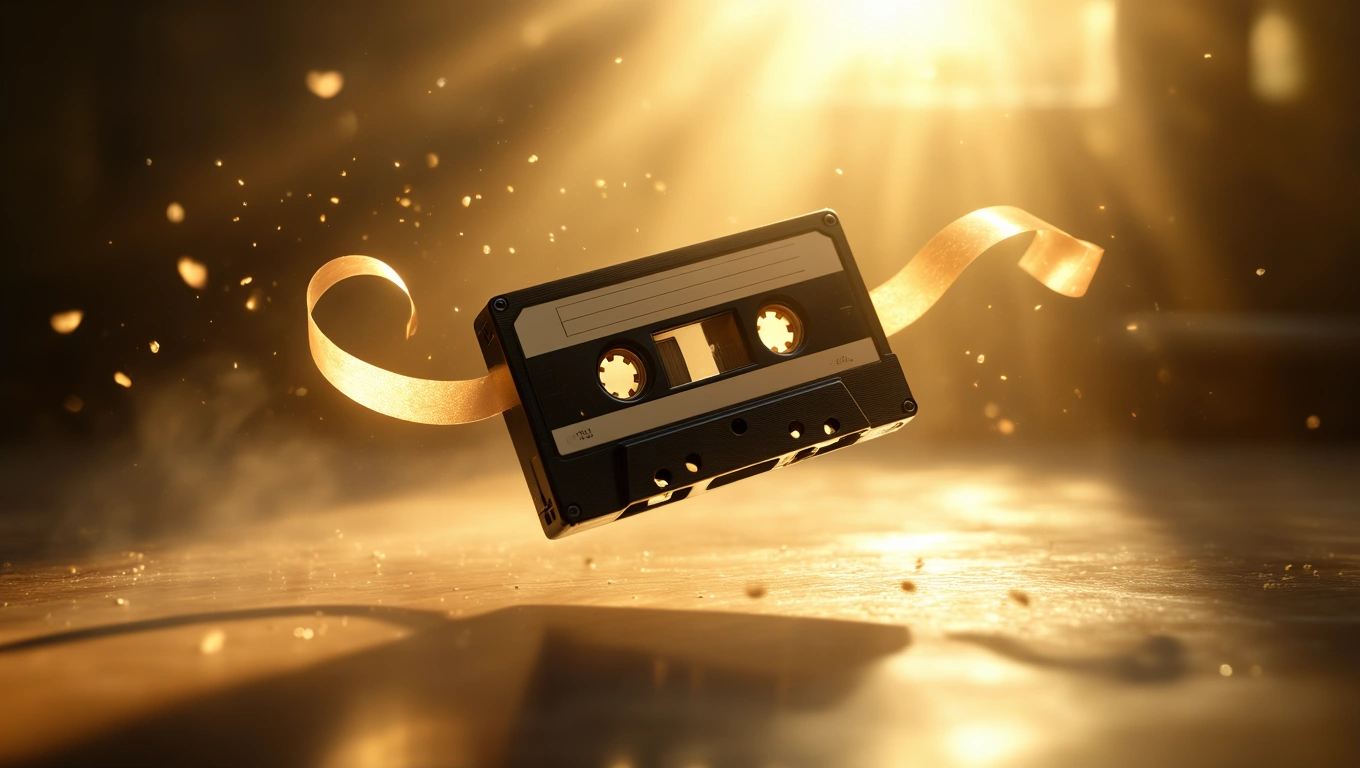 Eine schwebende Kassette mit einem Band, umgeben von sanftem Licht.