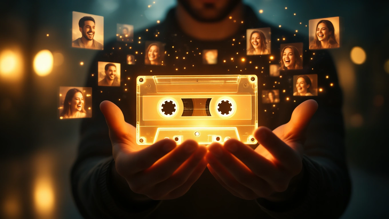 Eine leuchtende Kassette in den Händen eines Mannes, umgeben von lächelnden Gesichtern.