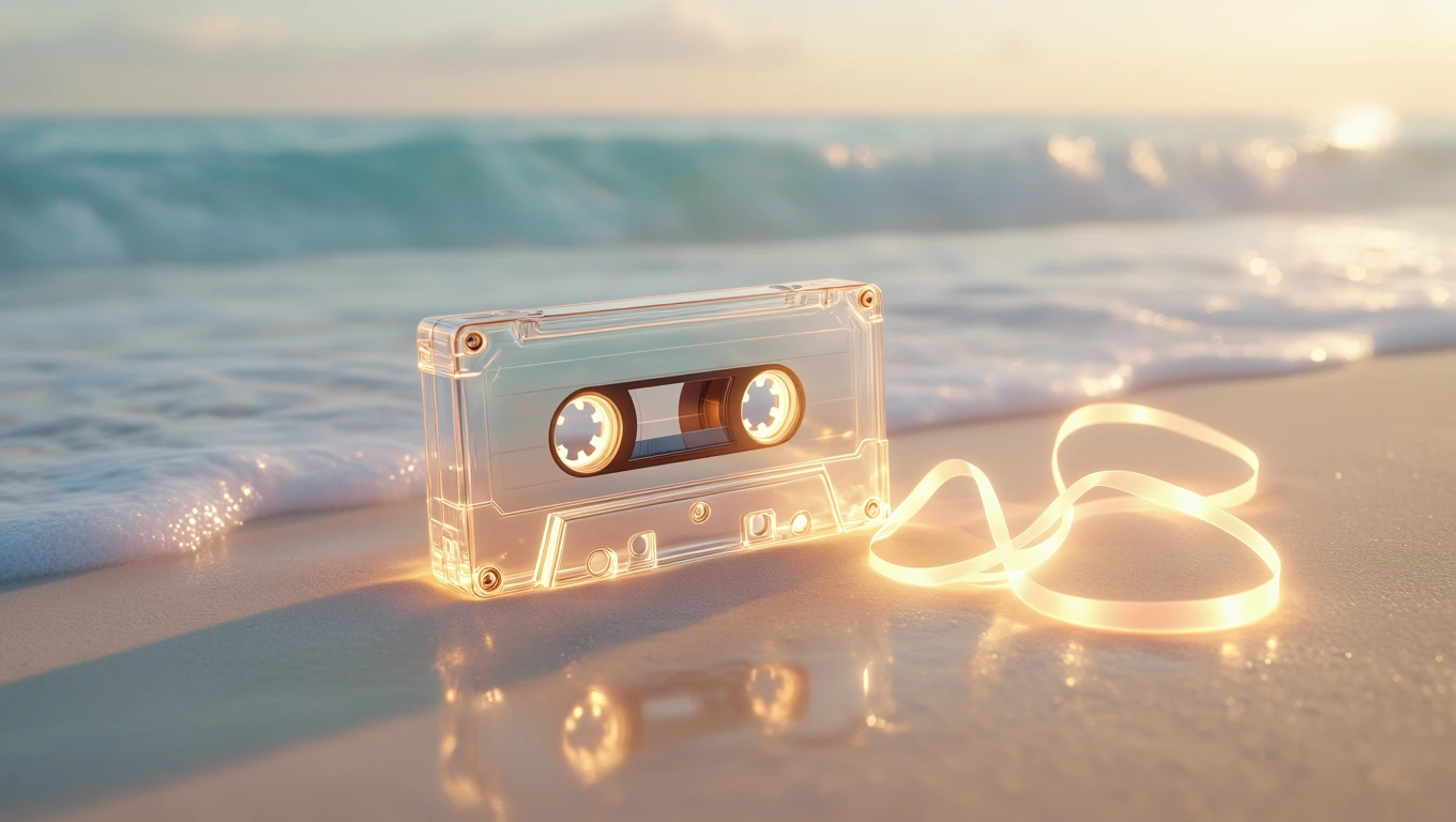 Eine transparente Kassette liegt am Strand, umgeben von sanften Wellen.