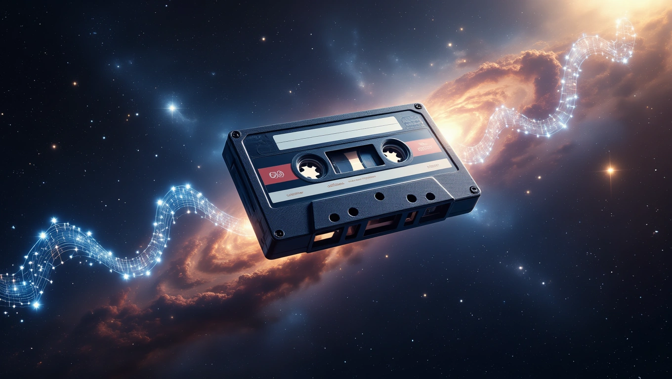Eine Kassette schwebt im Weltraum, umgeben von leuchtenden Sternen und Galaxien.