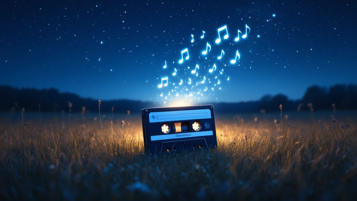 Eine Kassette liegt im Gras unter einem sternenklaren Himmel, umgeben von Musiknoten.