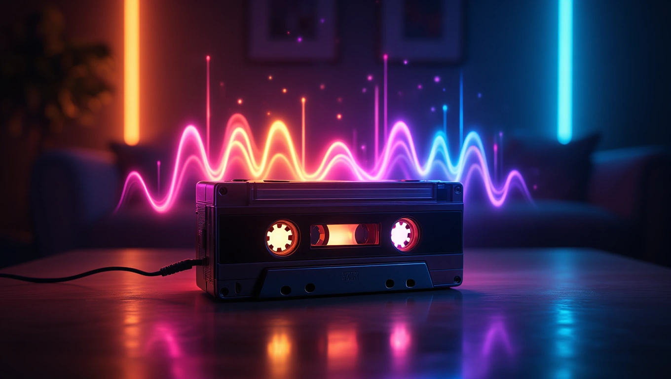 Eine Kassette auf einem Tisch, umgeben von bunten Lichtwellen.