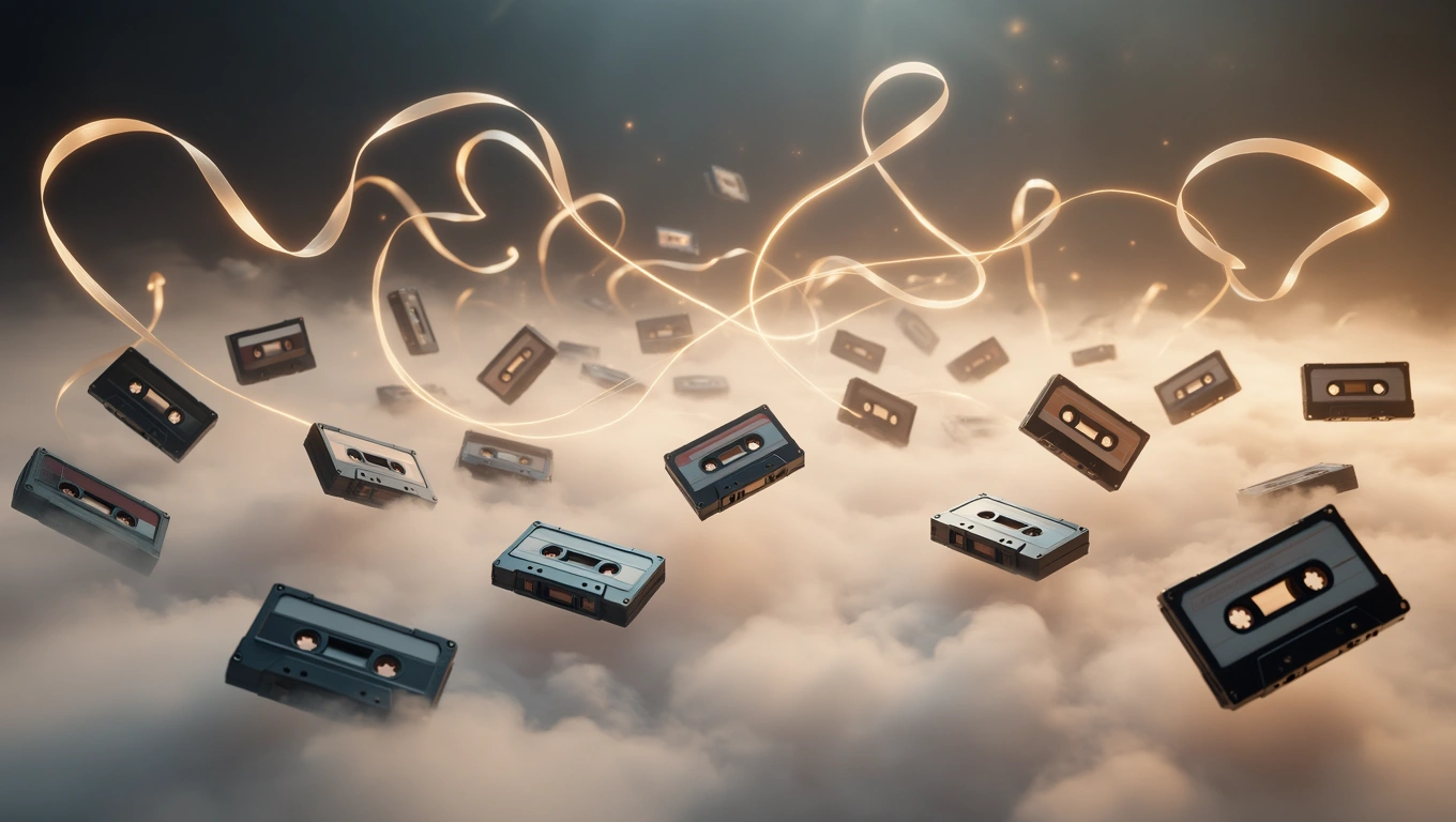 Eine schwebende Ansammlung von Kassetten, umgeben von Wolken und Lichtstrahlen.