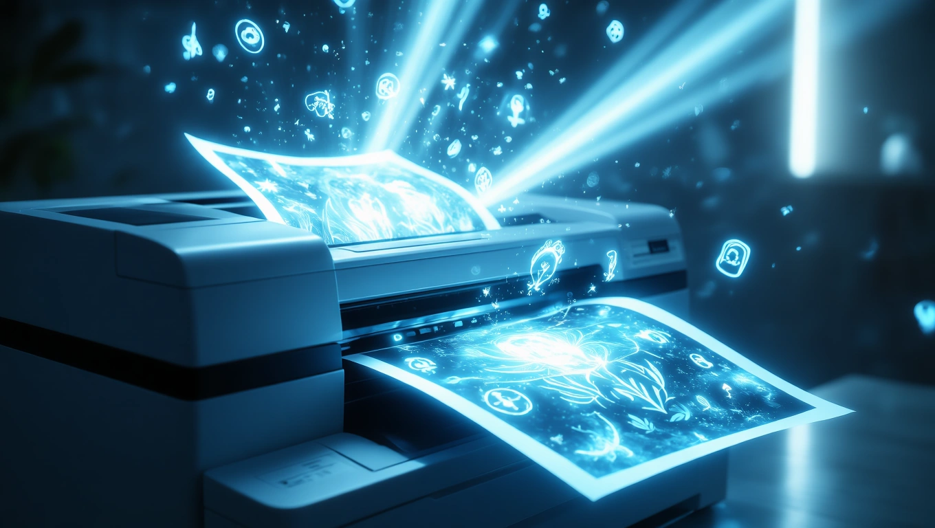 Ein moderner Kopierer druckt leuchtende, symbolische Bilder aus.