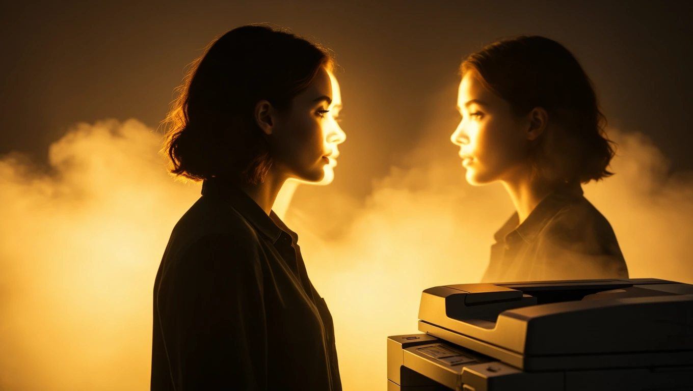 Eine Person steht neben einem Kopierer, während ihr Gesicht im Licht schimmert.