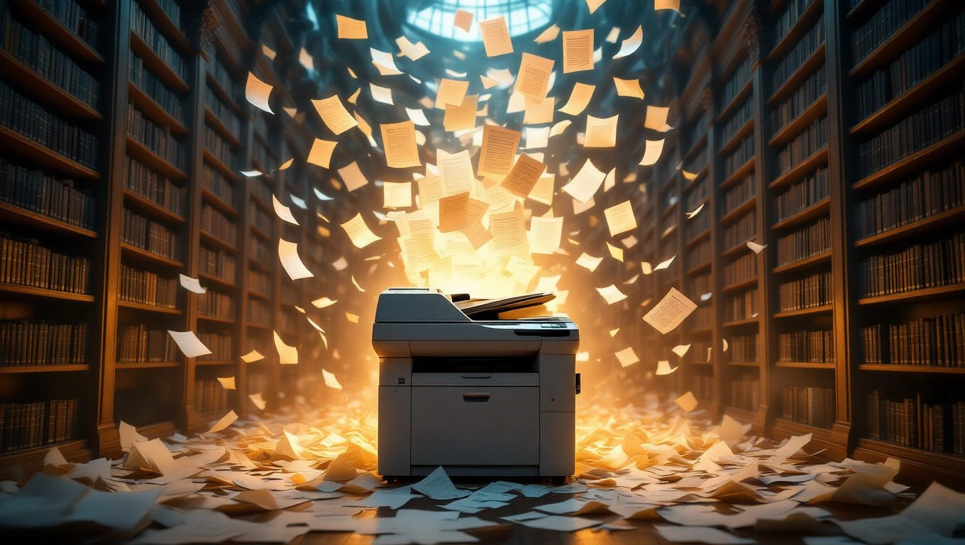 Ein Kopierer in einer Bibliothek, umgeben von fliegenden Blättern.
