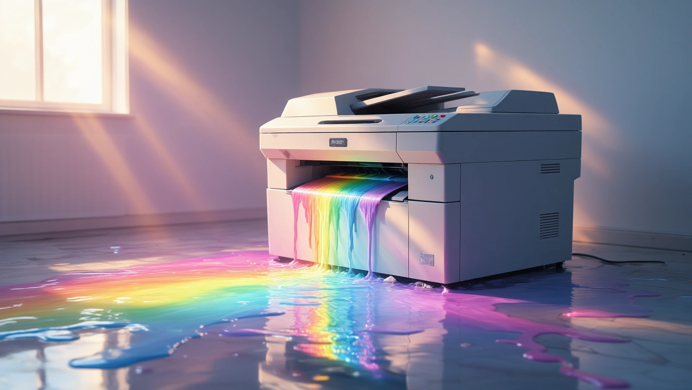 Ein Kopierer, der farbige Tinte in Regenbogenfarben ausgibt, steht in einem hellen Raum.