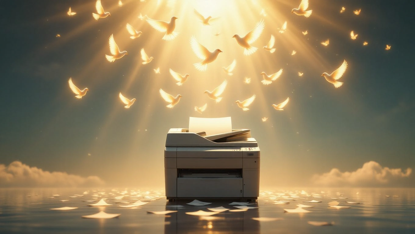 Ein Kopierer steht im Licht, umgeben von fliegenden weißen Tauben und Papierblättern.