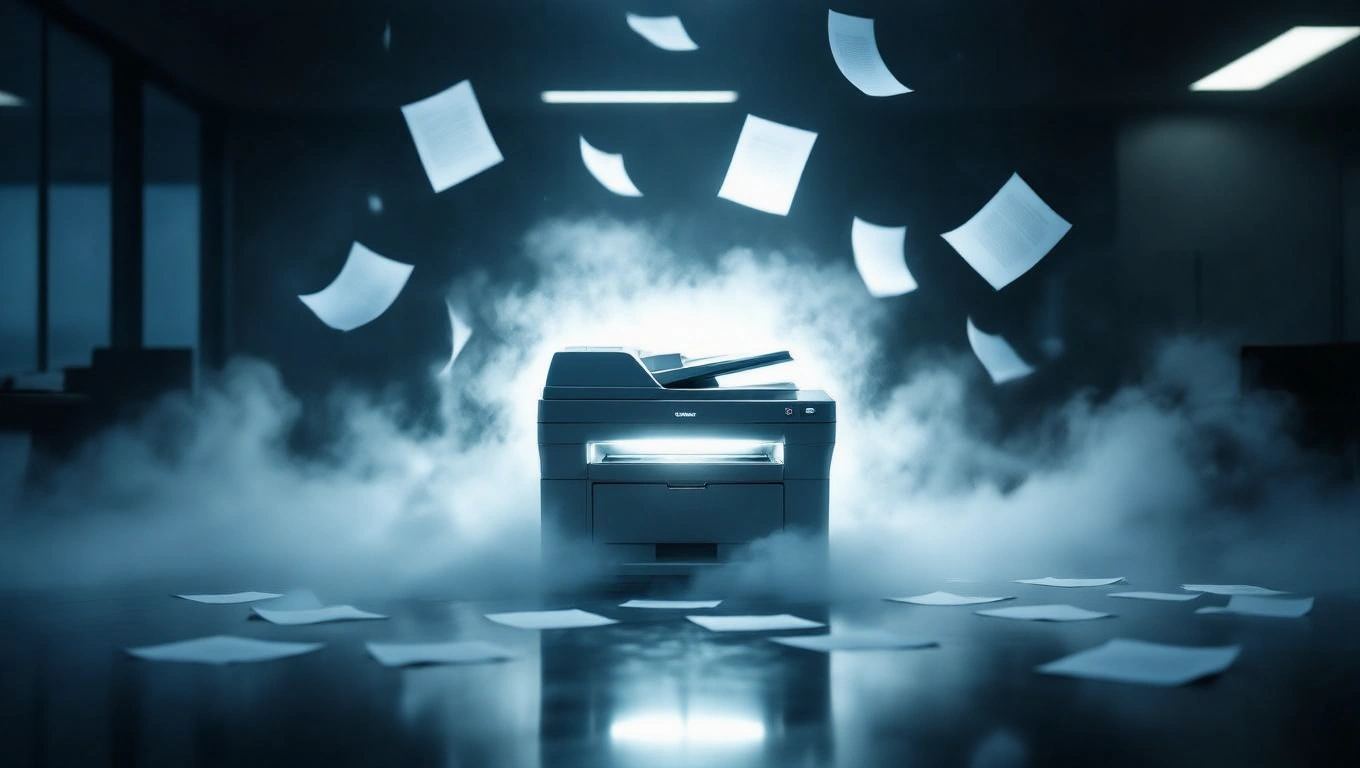 Ein moderner Kopierer in einem nebligen Raum, umgeben von schwebenden Blättern.