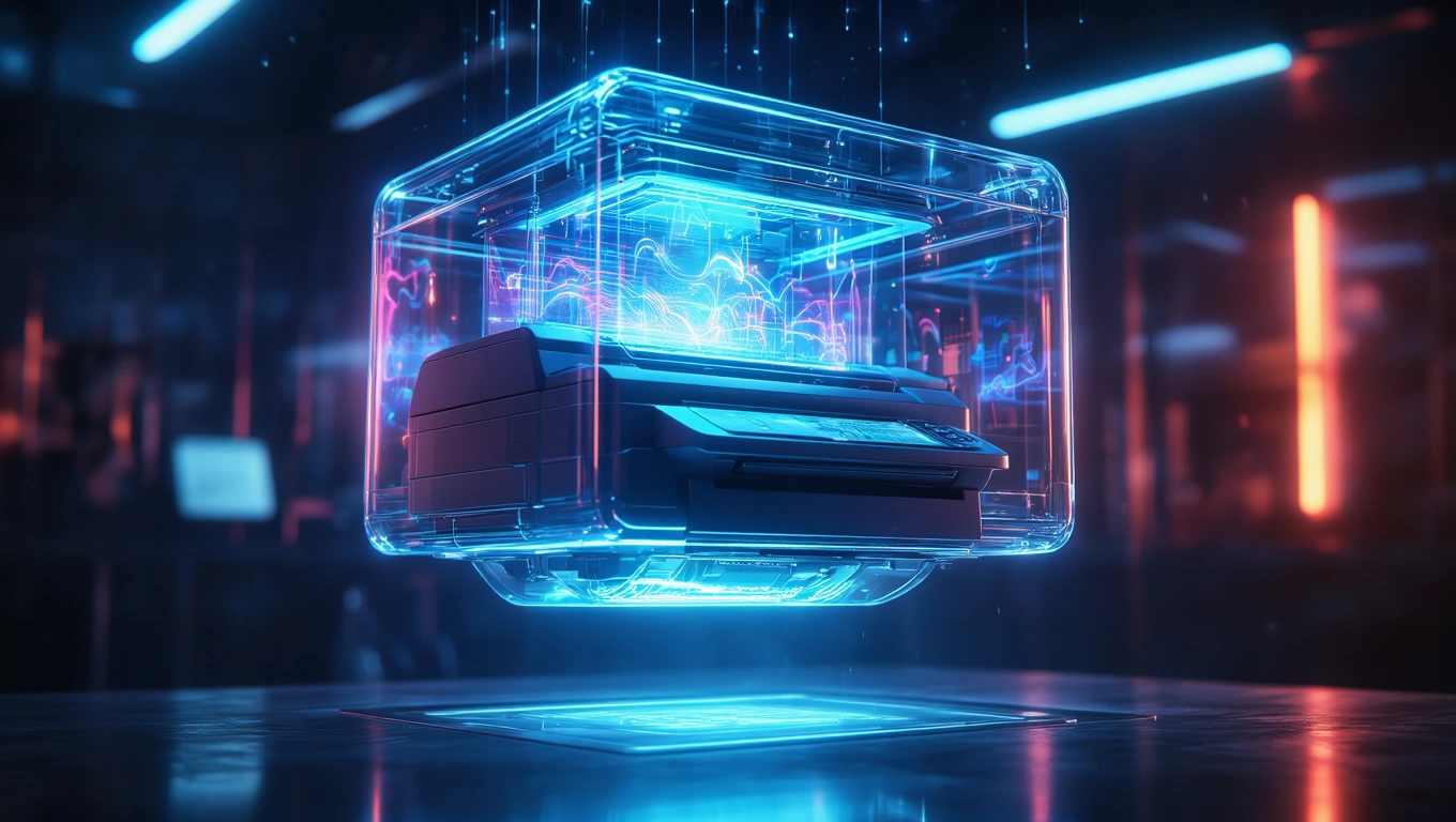 Ein futuristischer Kopierer schwebt in einem neonbeleuchteten Raum.
