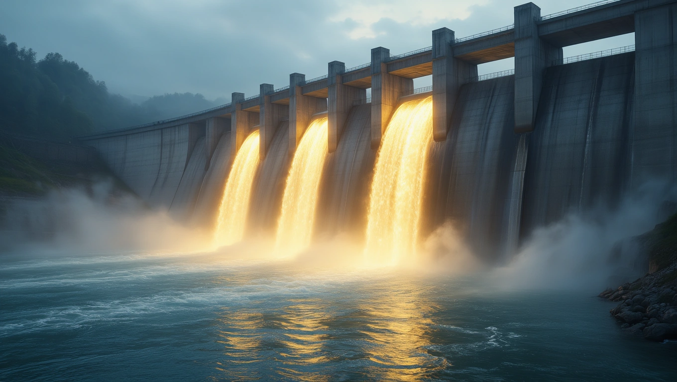Ein Wasserkraftwerk mit strömendem Wasser, das Energie symbolisiert.
