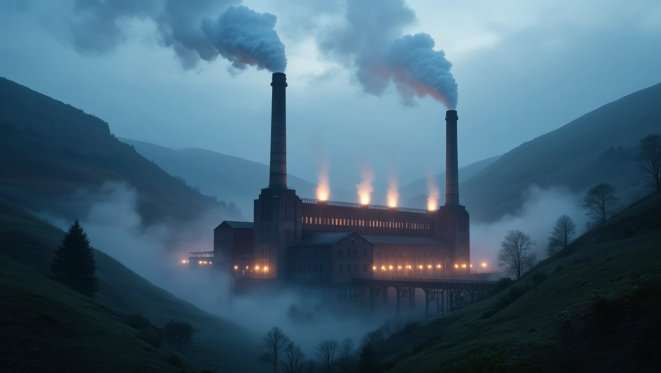 Ein Kraftwerk in der Dämmerung, umgeben von Nebel und Bergen.