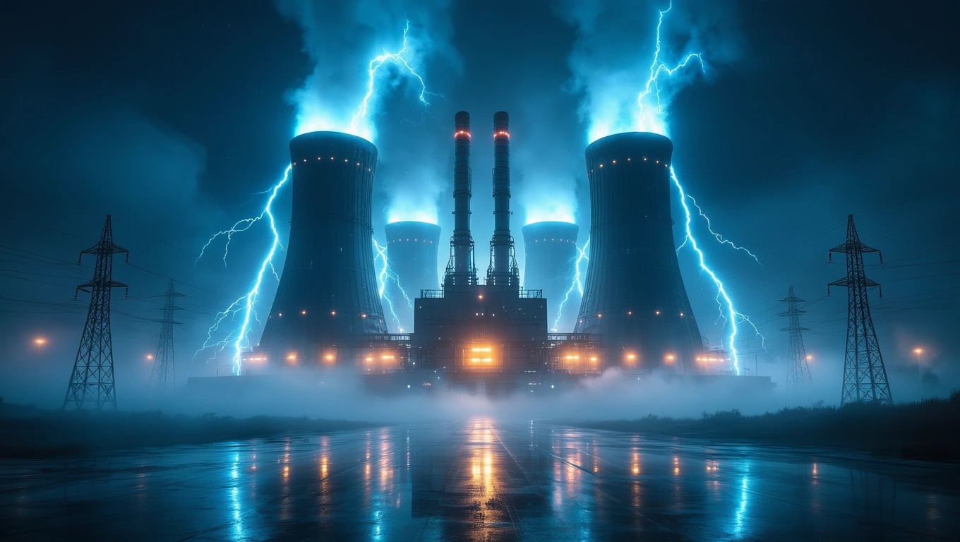 Ein Kraftwerk unter einem stürmischen Himmel mit Blitzen und Nebel.