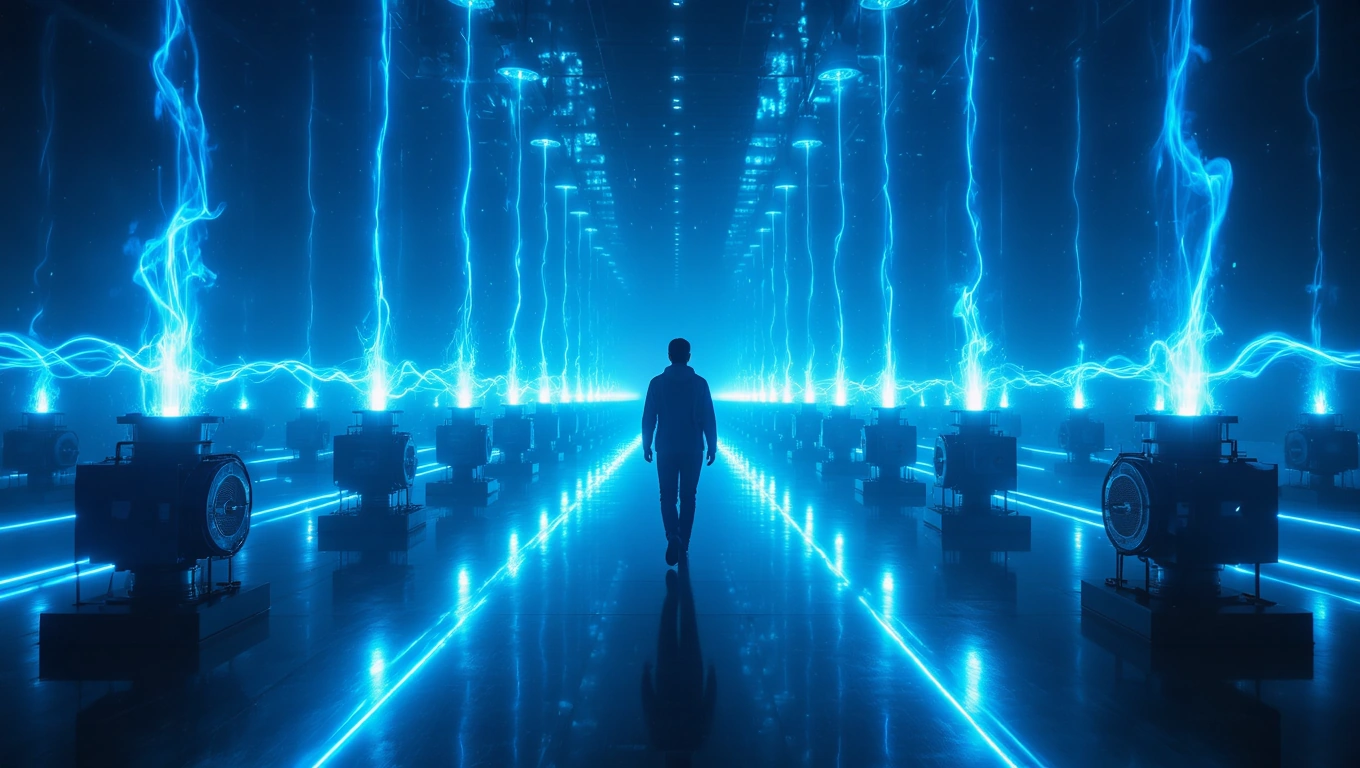 Ein Mensch steht in einem futuristischen Kraftwerk mit blauen Lichtstrahlen.