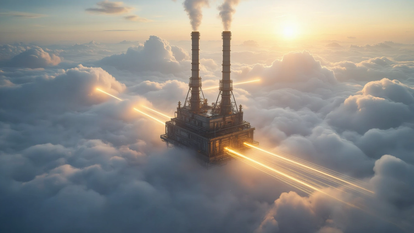 Ein Kraftwerk schwebt über den Wolken, mit Rauch und Lichtstrahlen.