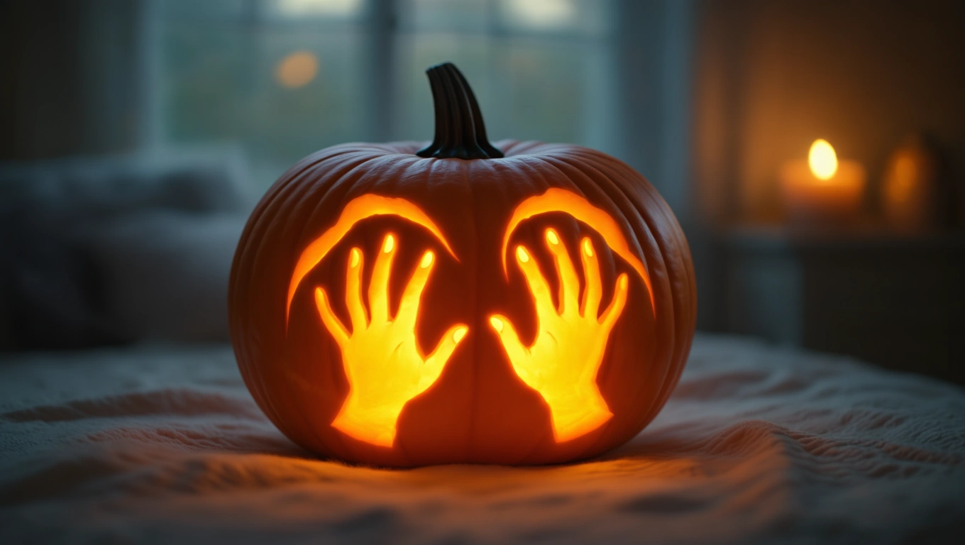 Ein leuchtender Kürbis mit Händen, die aus ihm herausragen, symbolisiert Kreativität.