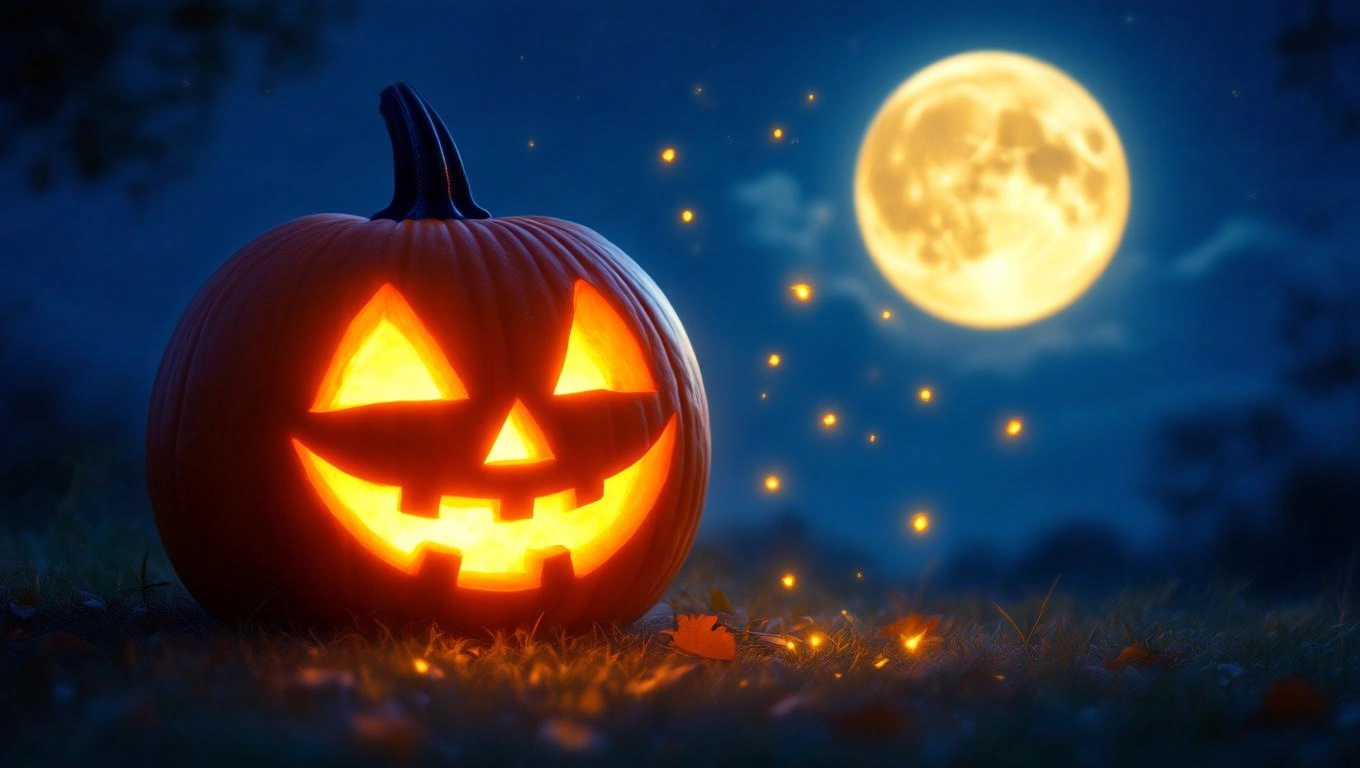 Ein leuchtender Kürbis mit fröhlichem Gesicht unter dem Mondschein.