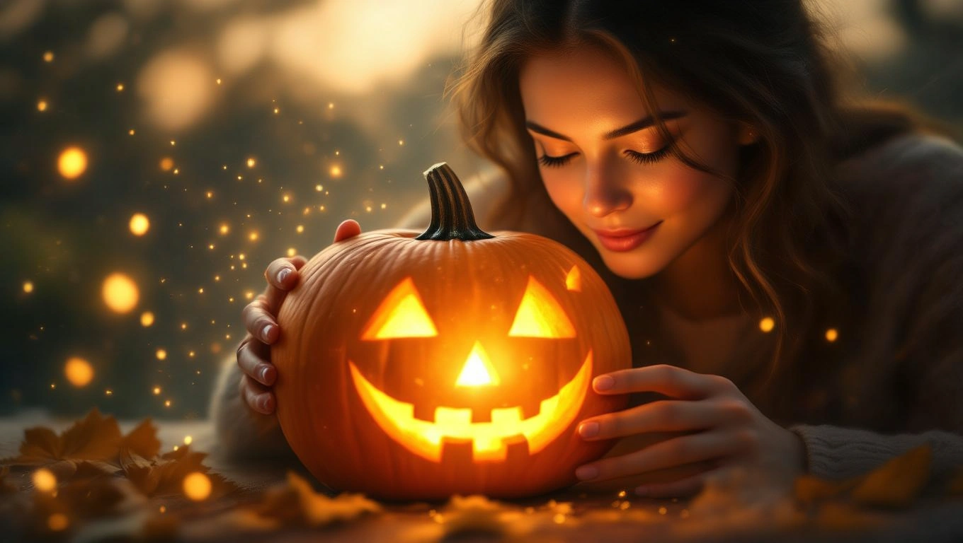 Eine Frau betrachtet einen leuchtenden, geschnitzten Kürbis mit einem fröhlichen Gesicht.