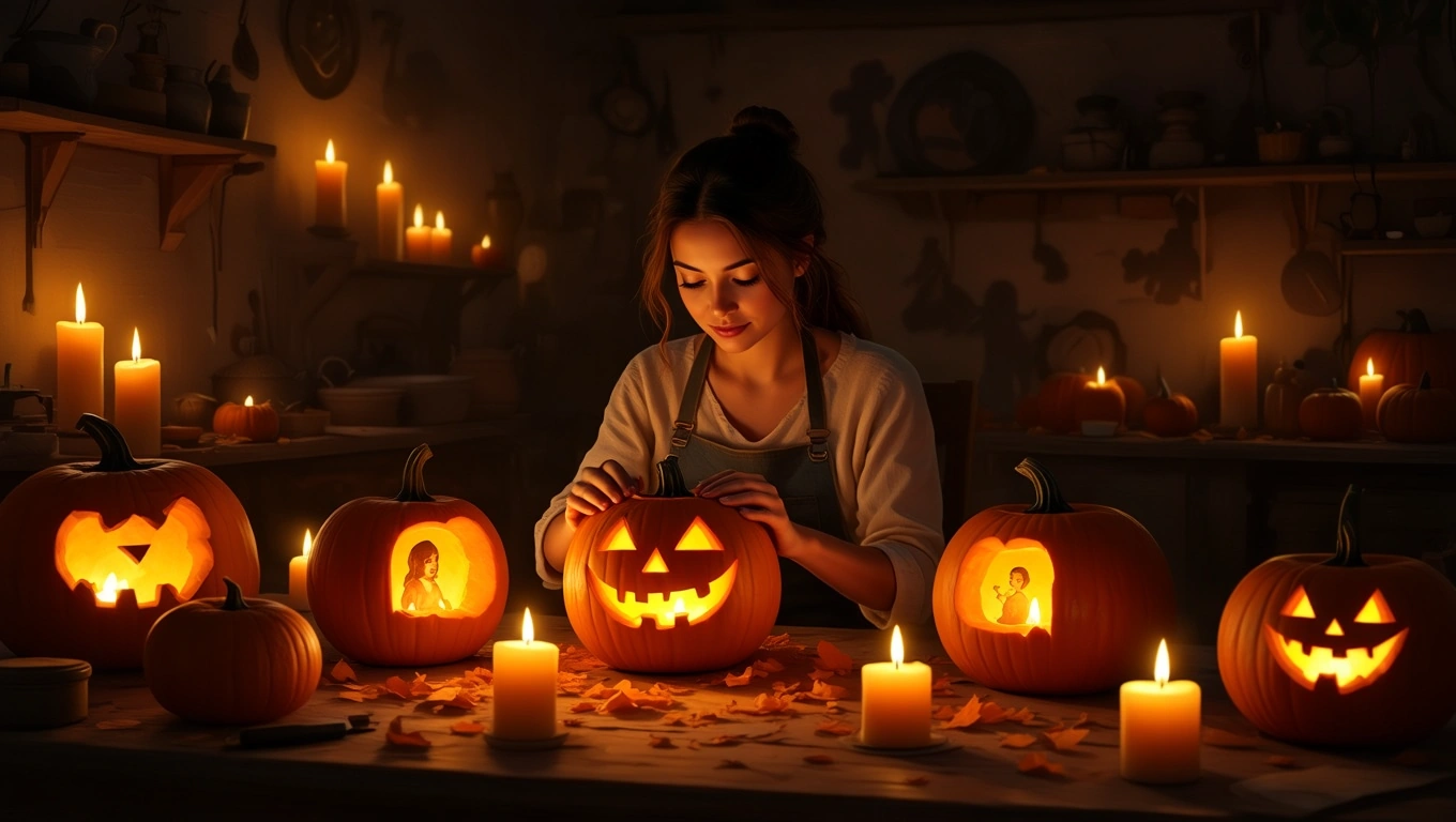 Eine Frau schnitzt einen Kürbis in einem gemütlichen Raum mit Kerzenlicht.
