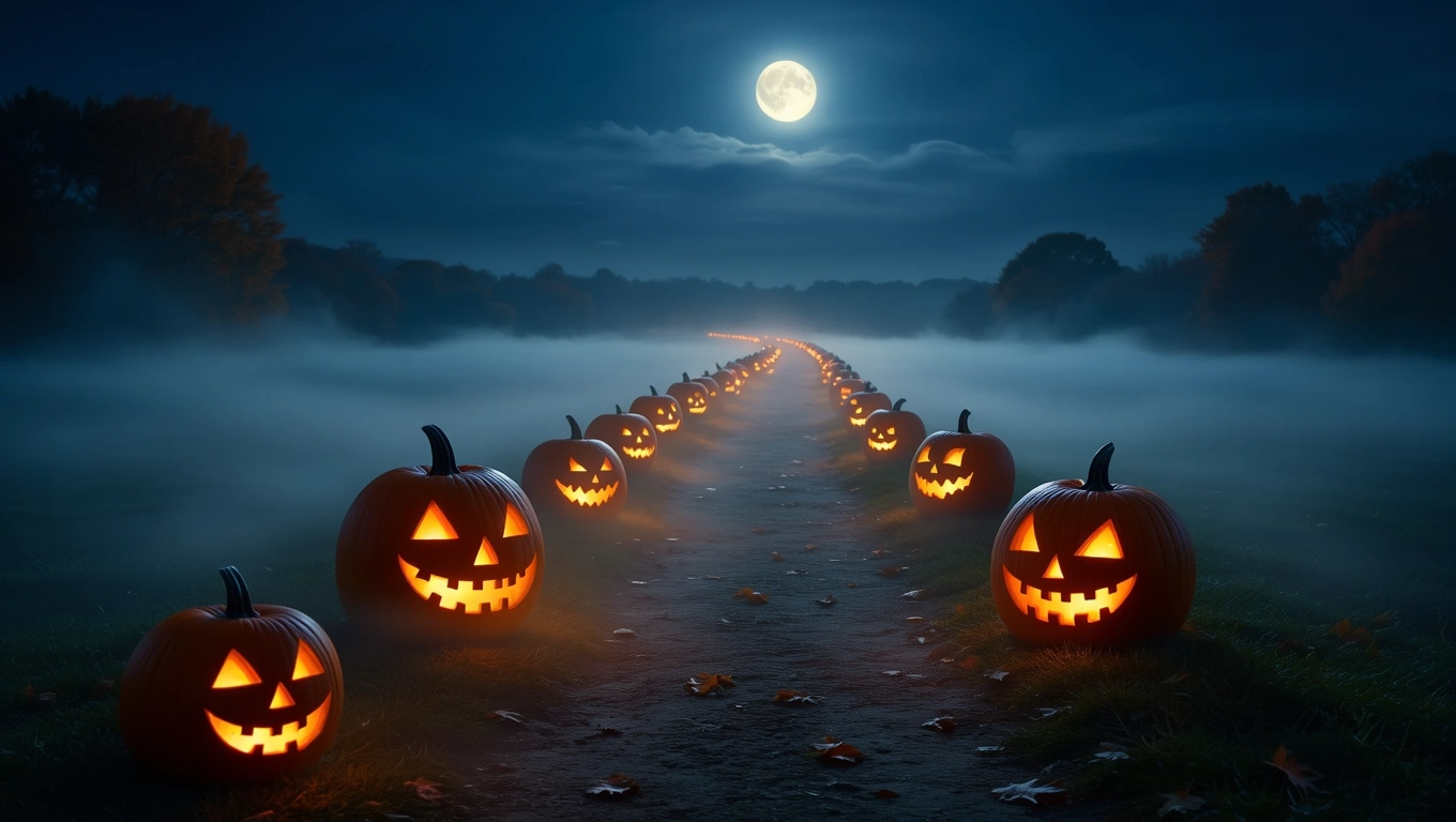 Eine Reihe von leuchtenden Kürbissen auf einem nebligen Weg unter dem Mondlicht.