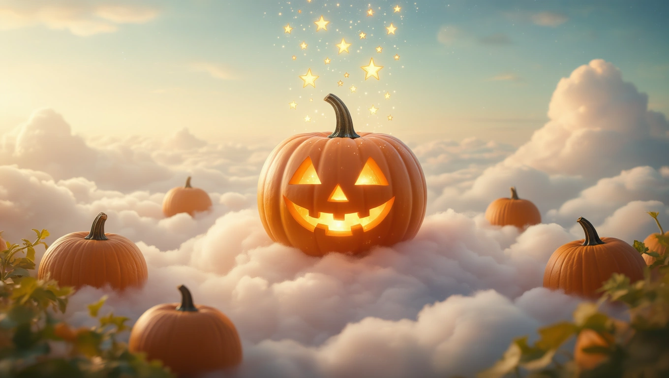 Ein leuchtender Kürbis mit fröhlichem Gesicht schwebt über Wolken.