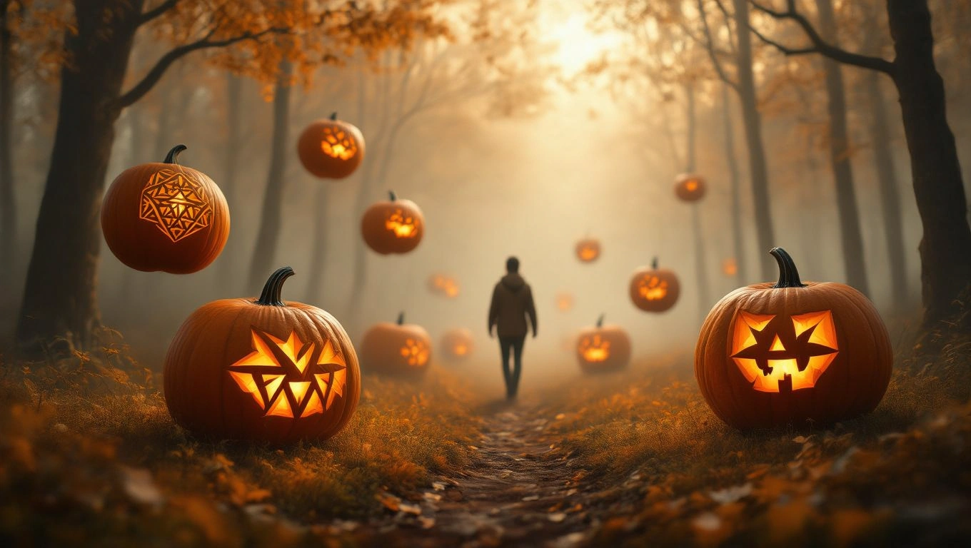 Ein Mensch geht durch einen nebligen Wald, umgeben von leuchtenden Kürbissen.