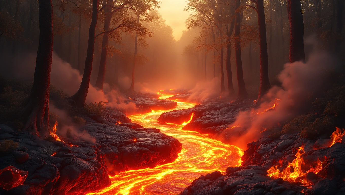 Ein glühender Lavafluss durch einen mystischen Wald bei Sonnenuntergang.