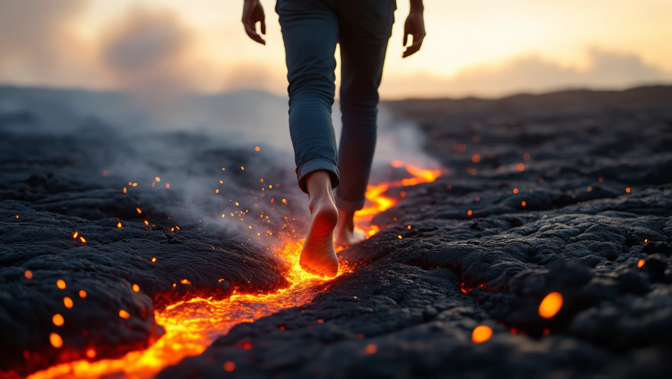 Eine Person geht barfuß über einen glühenden Lavafluss in der Dämmerung.
