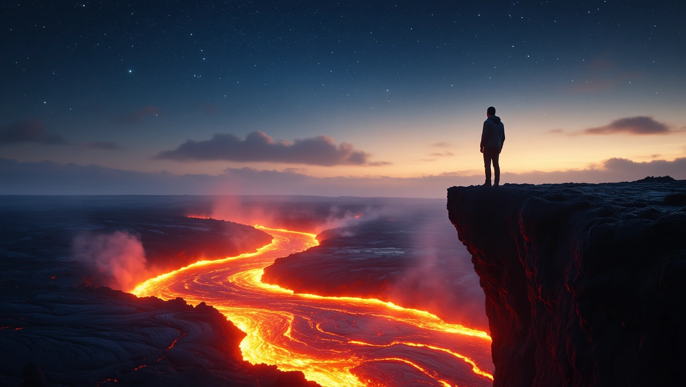 Eine Person steht am Rand eines Kliffs und blickt auf einen glühenden Lavafluss.