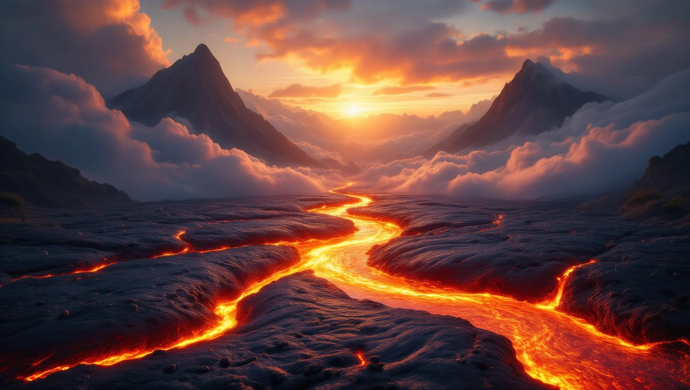 Ein glühender Lavafluss fließt durch eine dramatische Landschaft mit Bergen und Wolken.