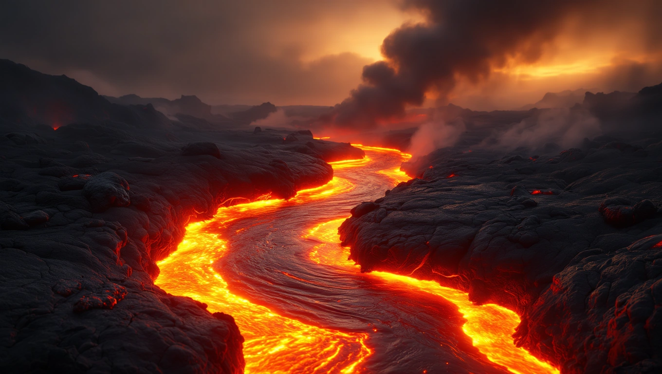 Ein glühender Lavafluss fließt durch eine dunkle, vulkanische Landschaft.