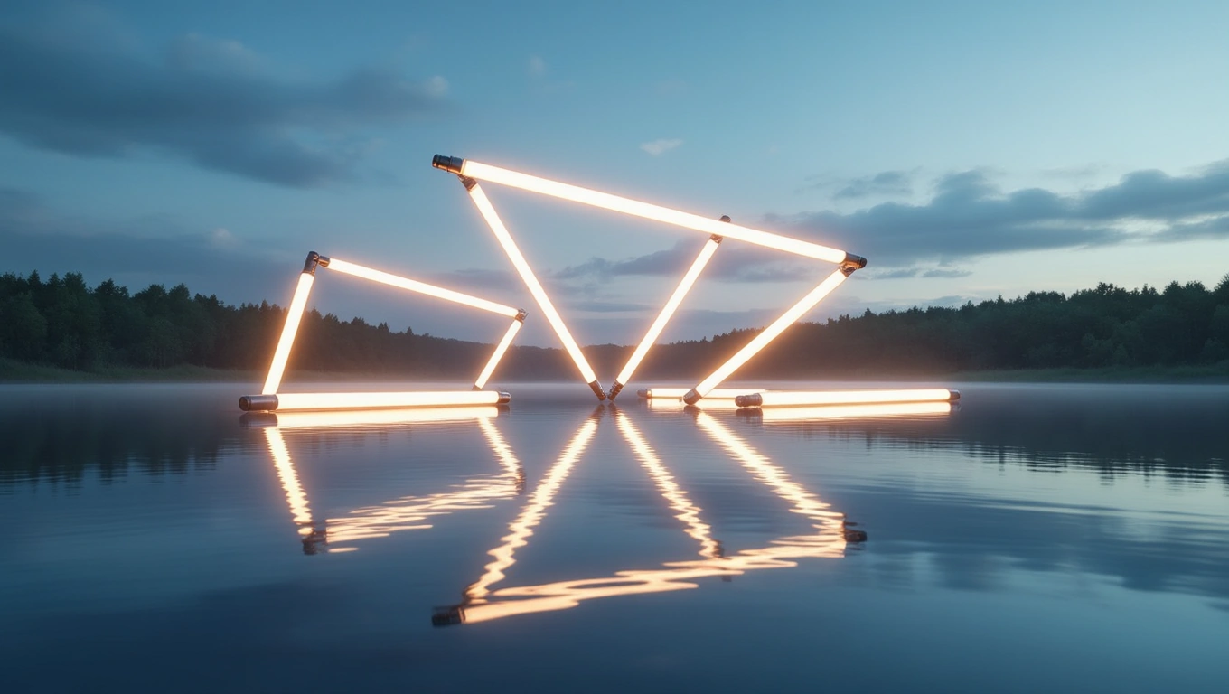 Eine kreative Anordnung von Leuchtstoffröhren, die im Wasser reflektiert werden.