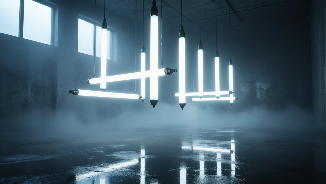 Hängende Leuchtstoffröhren in einem dunklen Raum mit Nebel.