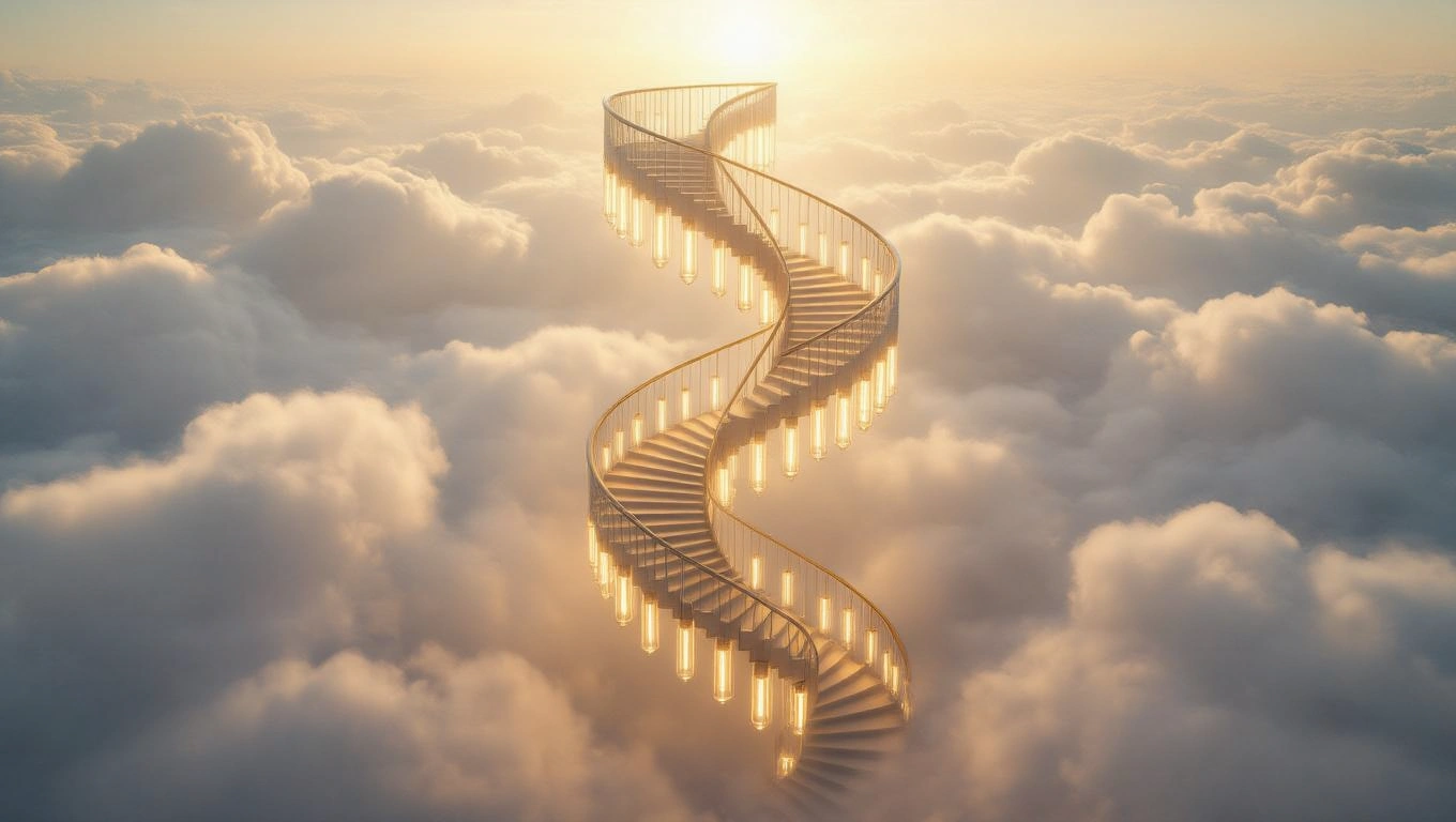 Eine spiralförmige Treppe aus Licht, die in den Wolken schwebt.