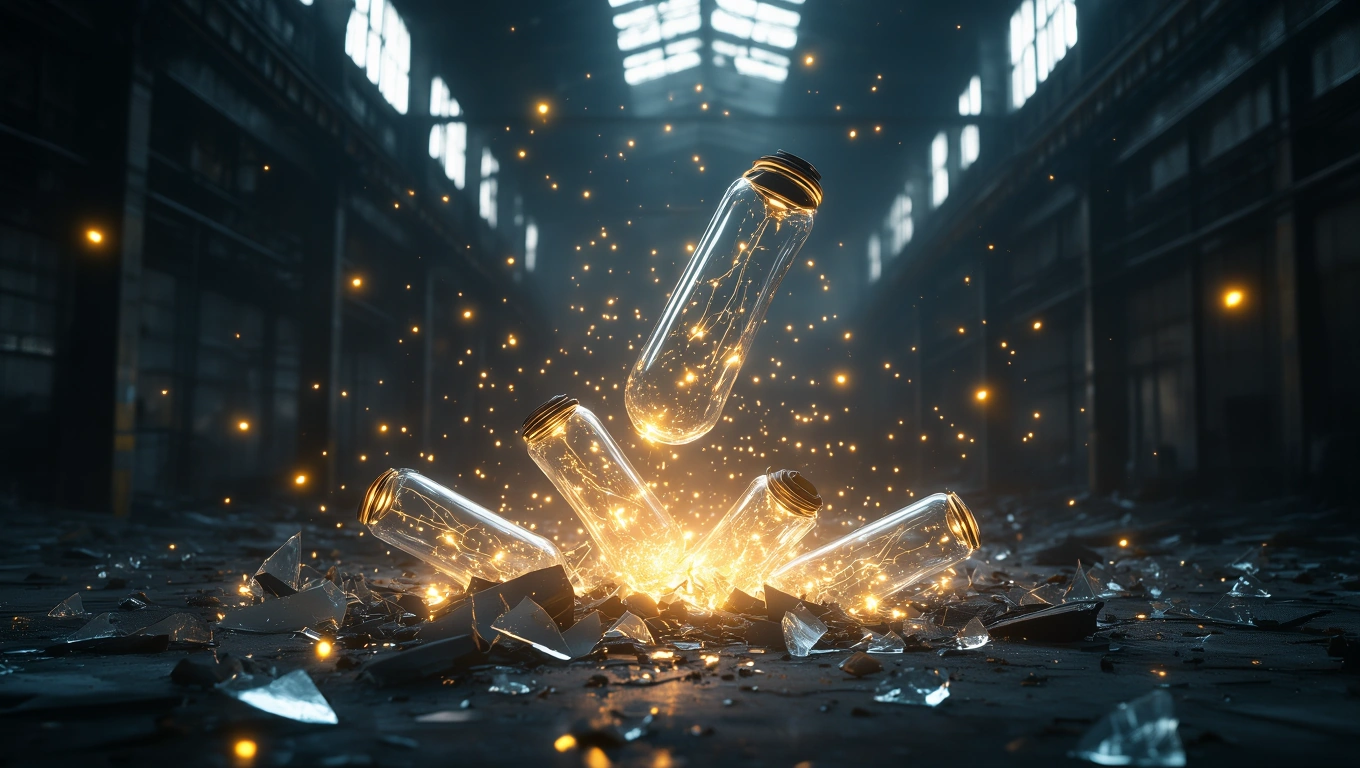 Zerbrochene Leuchtstoffröhren liegen auf dem Boden, umgeben von Scherben und funkelndem Licht.