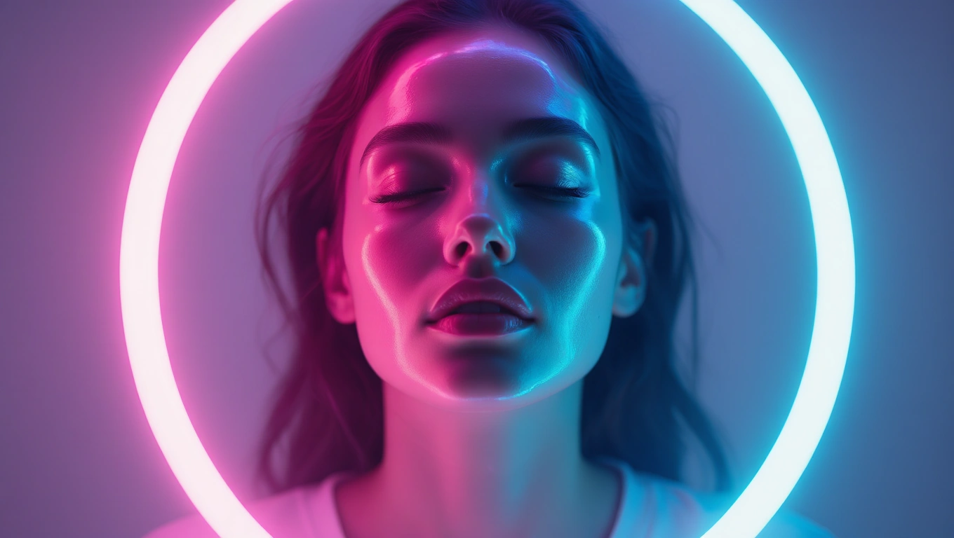 Eine Frau mit geschlossenen Augen, umgeben von leuchtenden Neonringen in Pink und Blau.