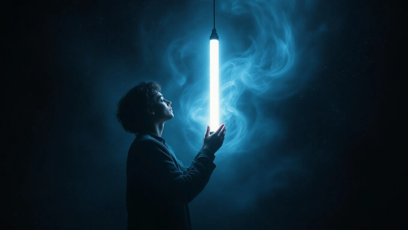 Eine Person hält eine leuchtende Leuchtstoffröhre in der Dunkelheit.