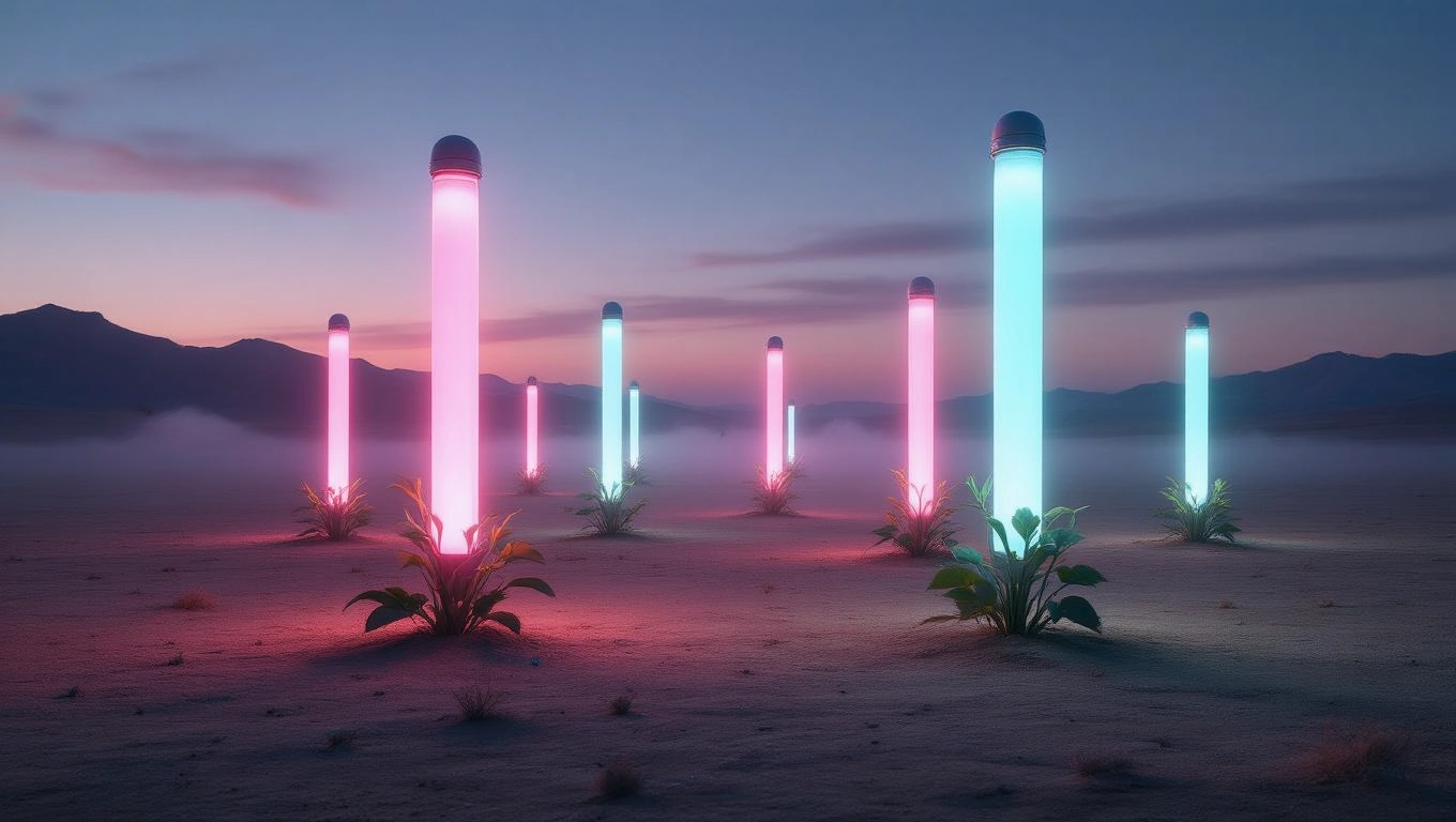 Bunte Leuchtstoffröhren stehen in einer surrealen Landschaft mit Pflanzen.