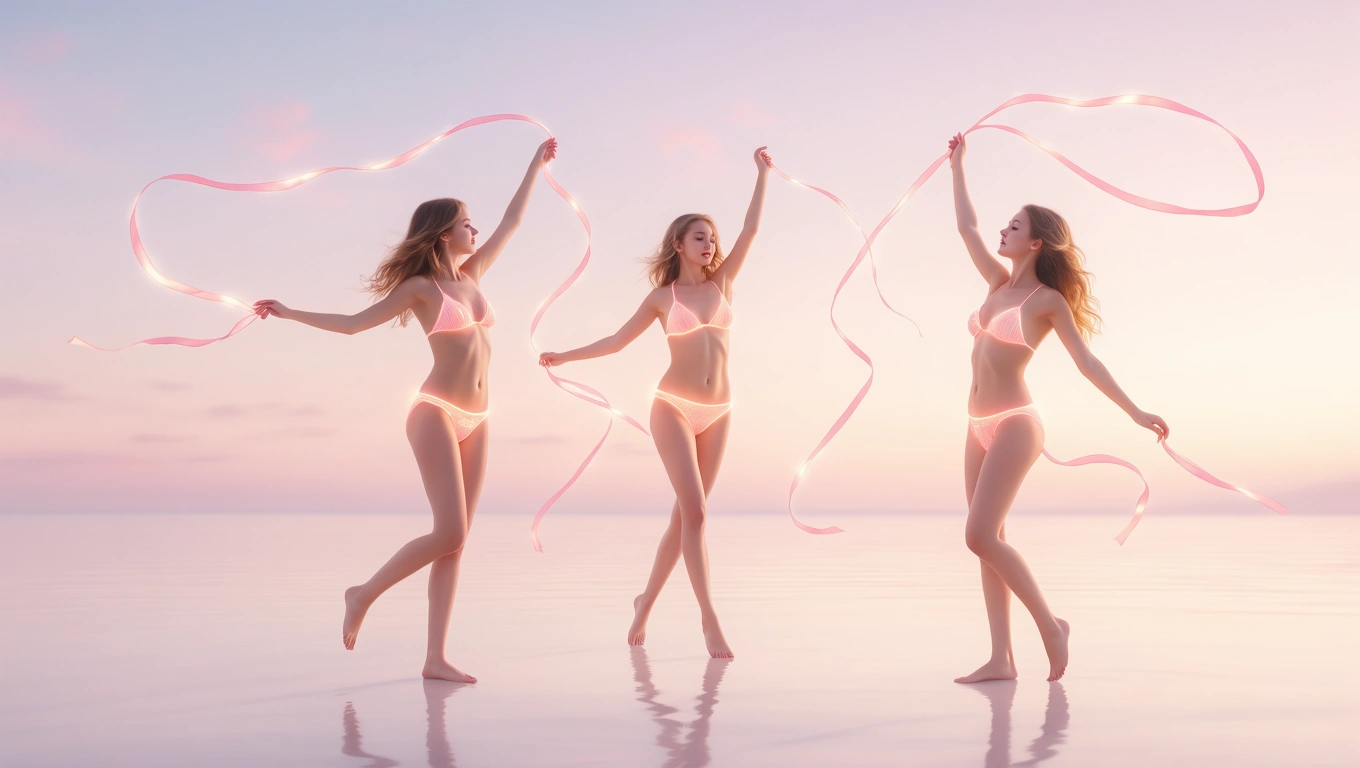 Drei Mädchen im Bikini tanzen mit bunten Bändern am Wasser.