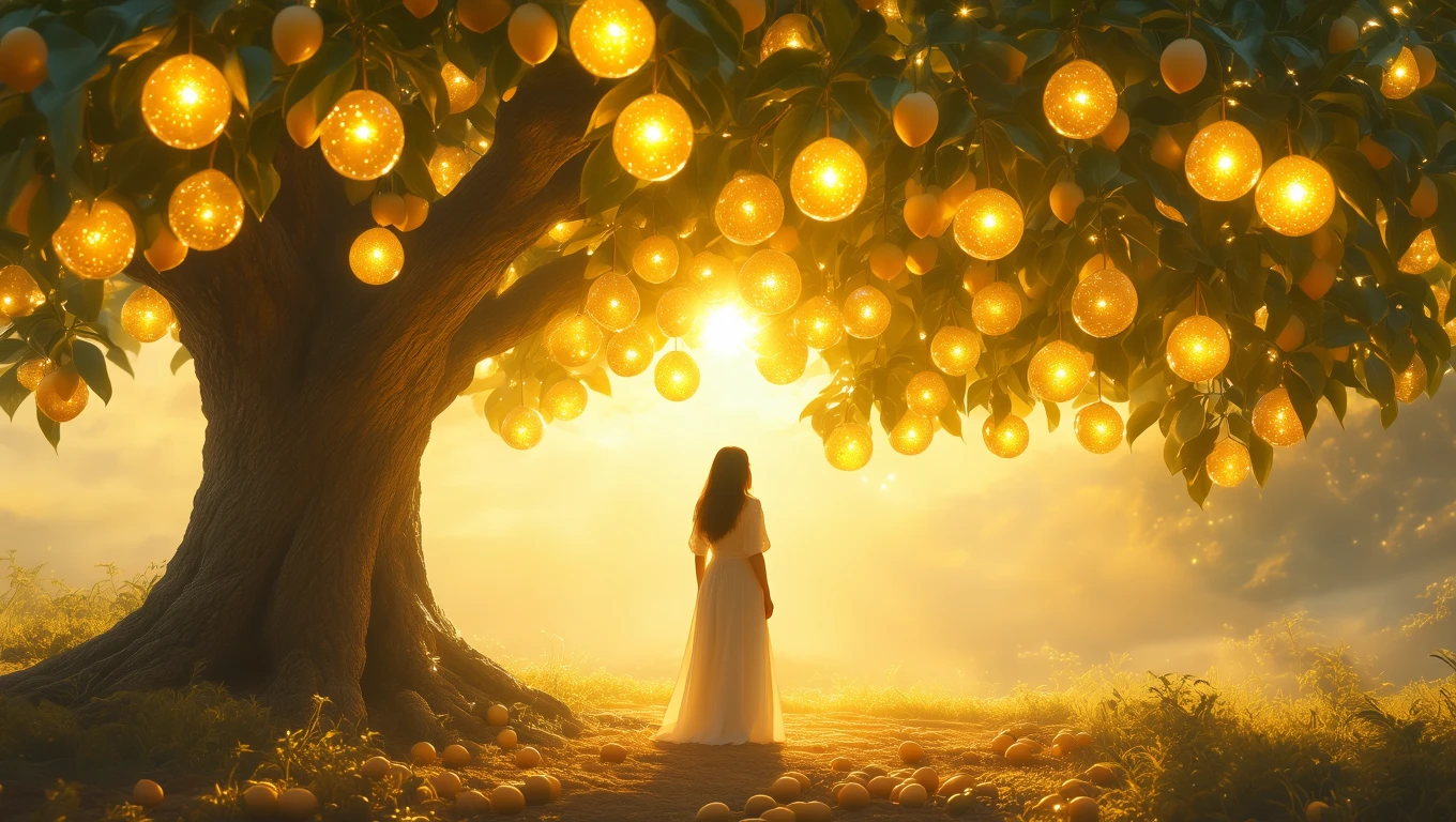 Eine Frau steht unter einem leuchtenden Mandelbaum in der Dämmerung.